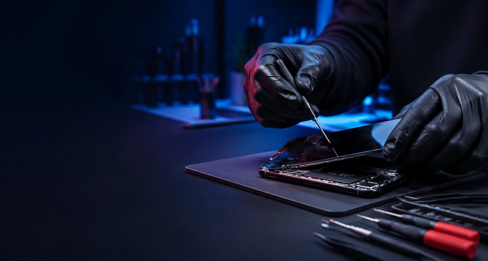 Technician in black gloves repairing smartphone with screwdriver in dark workshop with blue lighting